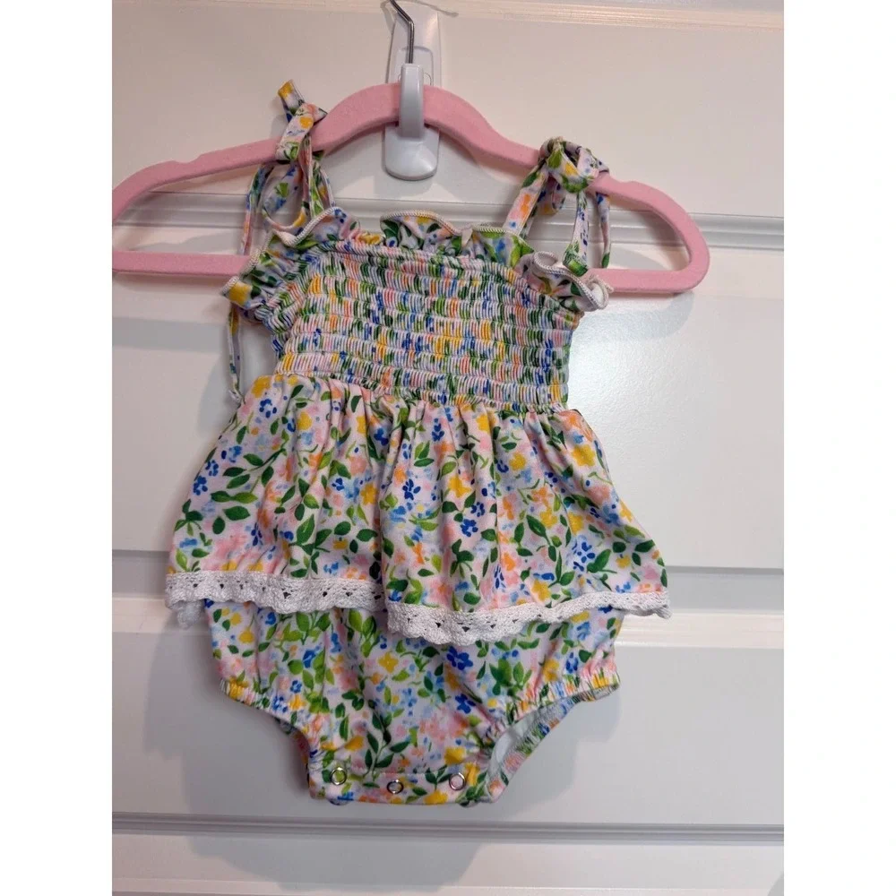 30.Marie Nicole Clothing Floral Smocked Bubble Romper Lace Trim Multi Color 3-6M